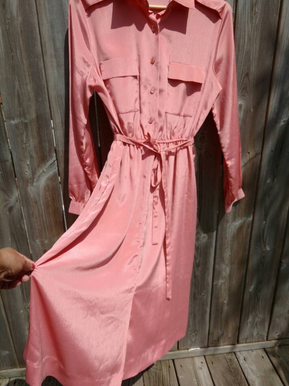 Vintage Pink Silky Dress 38" Bust Secretary Collar Pockets Long Sleeves - Picture 7 of 10